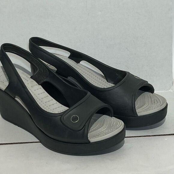 Crocs Women's Havana Black Peep Toe Wedge Heel Slingback Sandals Size 8 - Picture 1 of 16